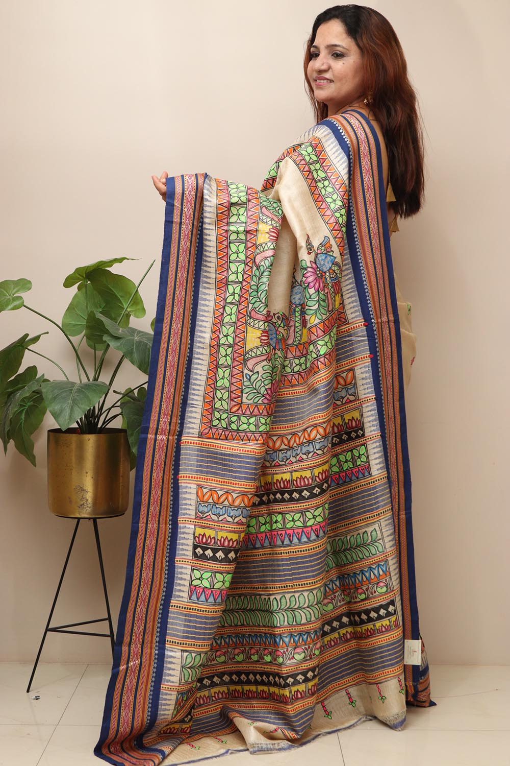 Pastel Hand Painted Madhubani Pure Tussar Silk Vidharbha Saree - Luxurion World