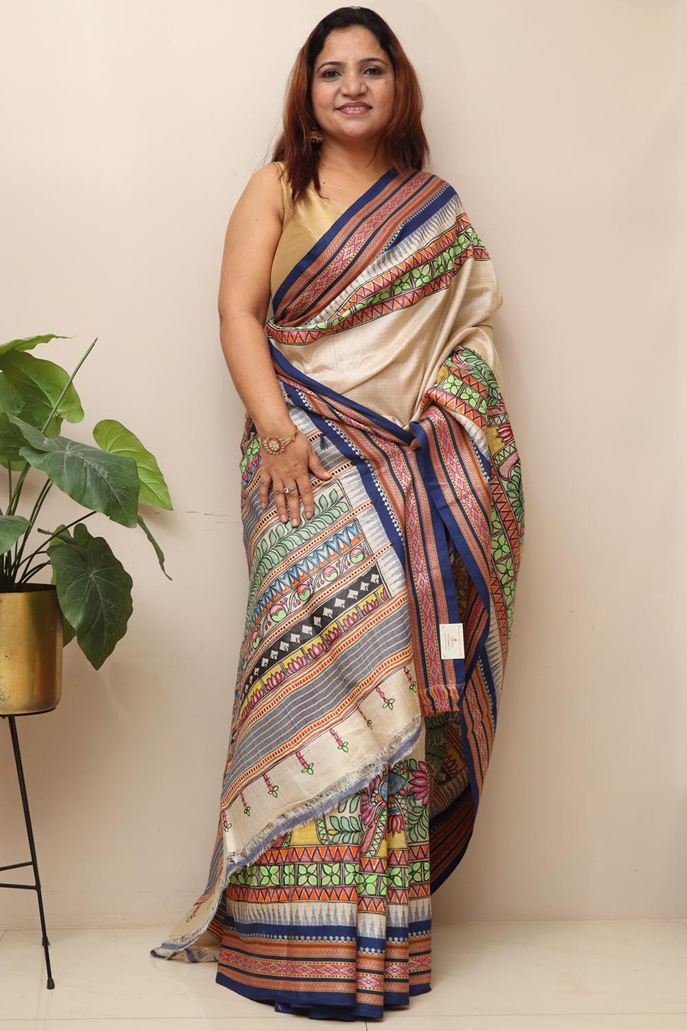 Pastel Hand Painted Madhubani Pure Tussar Silk Vidharbha Saree - Luxurion World