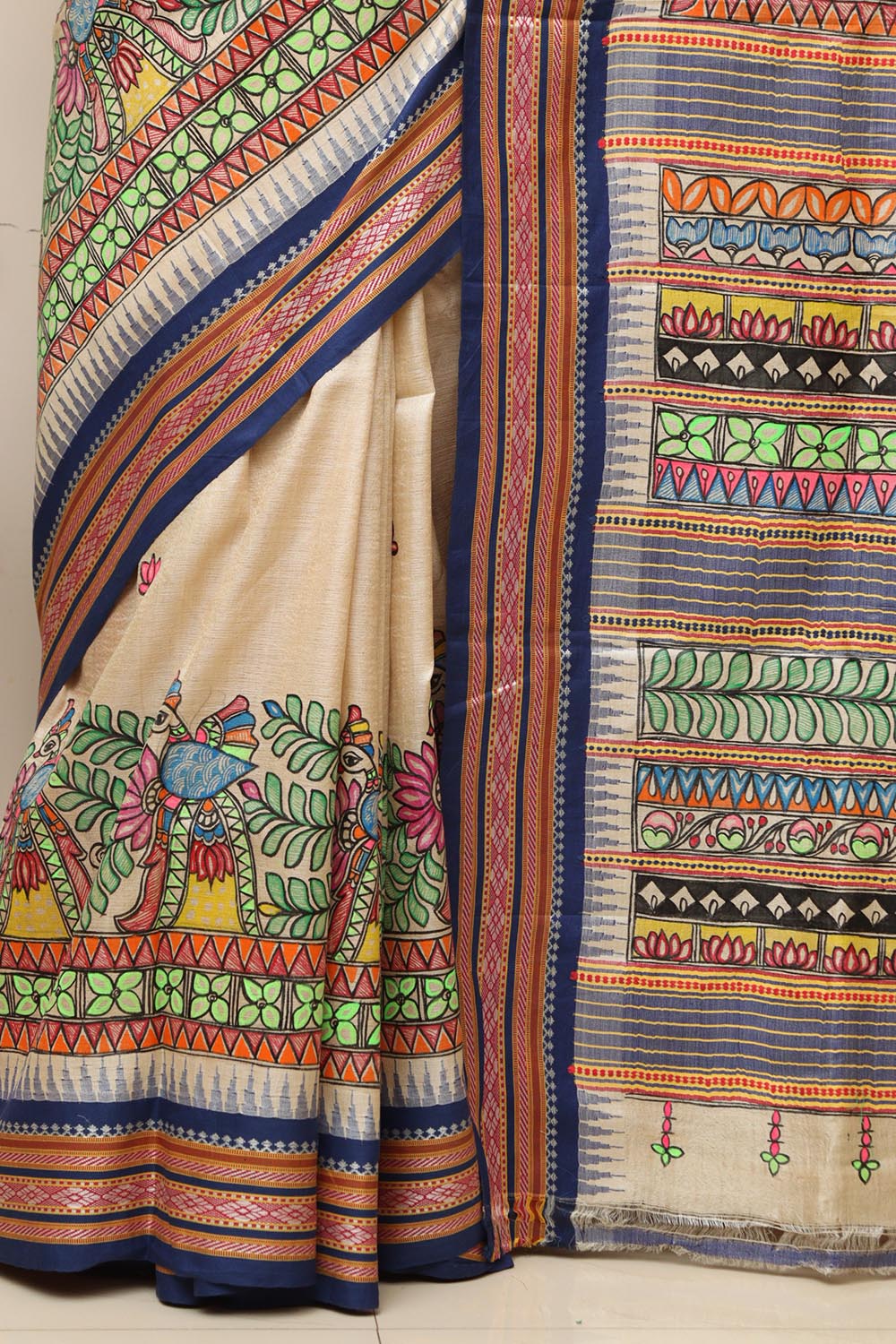 Pastel Hand Painted Madhubani Pure Tussar Silk Vidharbha Saree - Luxurion World