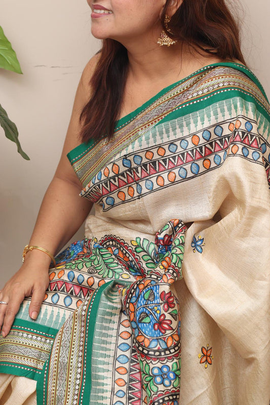 Pastel Hand Painted Madhubani Pure Tussar Silk Vidharbha Saree - Luxurion World
