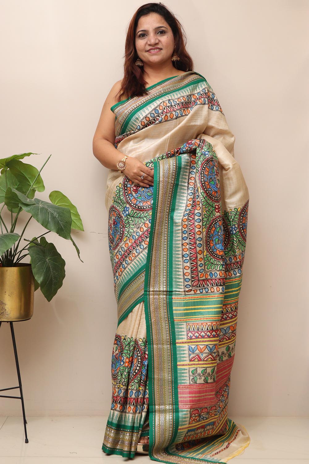 Pastel Hand Painted Madhubani Pure Tussar Silk Vidharbha Saree - Luxurion World