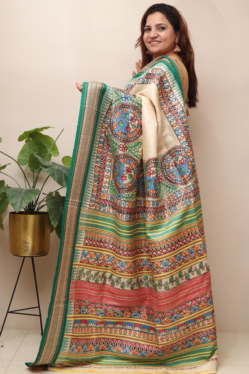 Pastel Hand Painted Madhubani Pure Tussar Silk Vidharbha Saree - Luxurion World