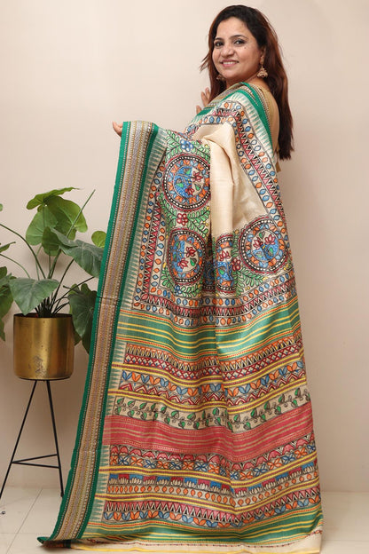 Pastel Hand Painted Madhubani Pure Tussar Silk Vidharbha Saree - Luxurion World