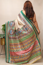 Pastel Hand Painted Madhubani Pure Tussar Silk Vidharbha Saree - Luxurion World