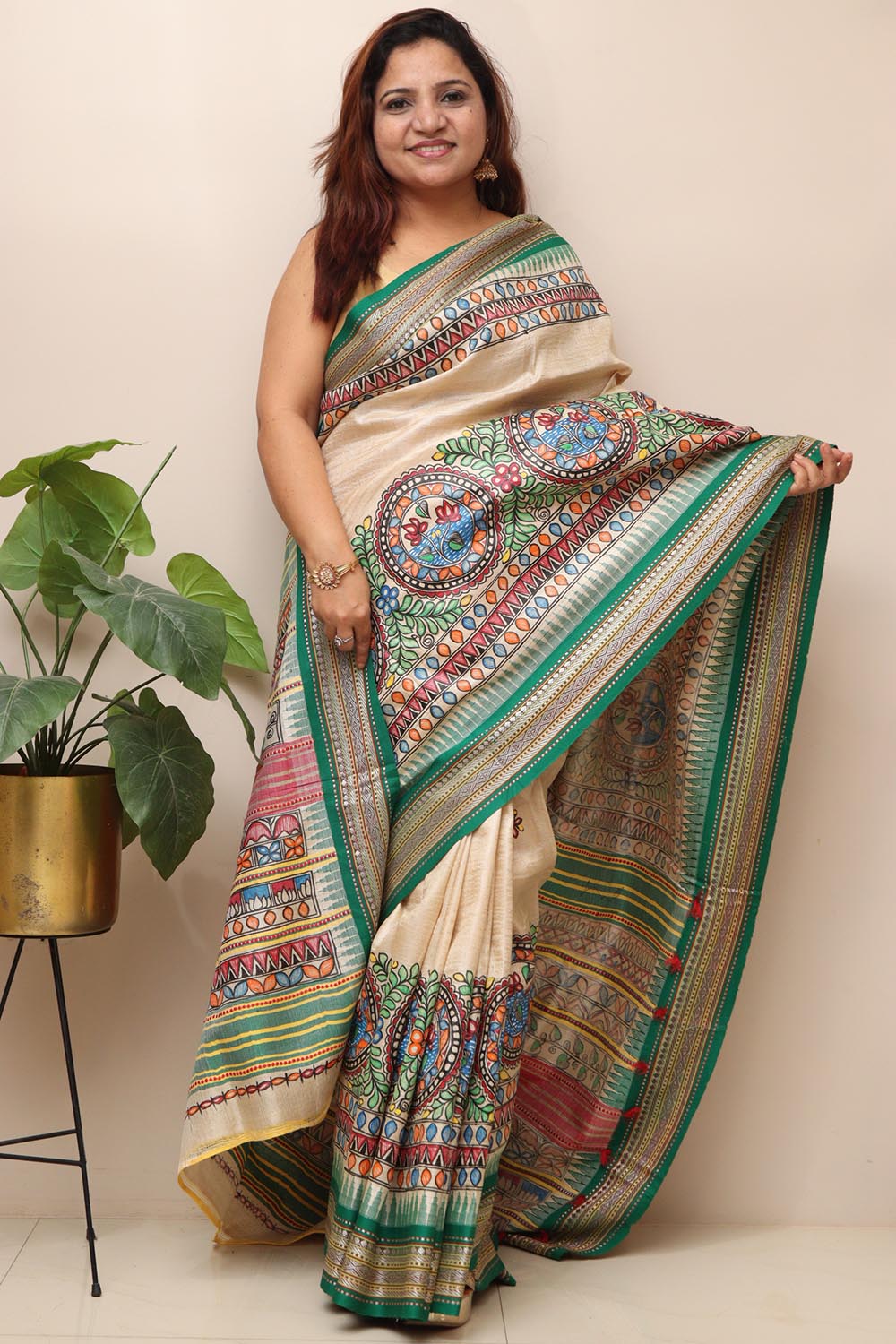 Pastel Hand Painted Madhubani Pure Tussar Silk Vidharbha Saree - Luxurion World