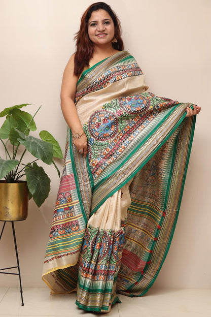Pastel Hand Painted Madhubani Pure Tussar Silk Vidharbha Saree - Luxurion World