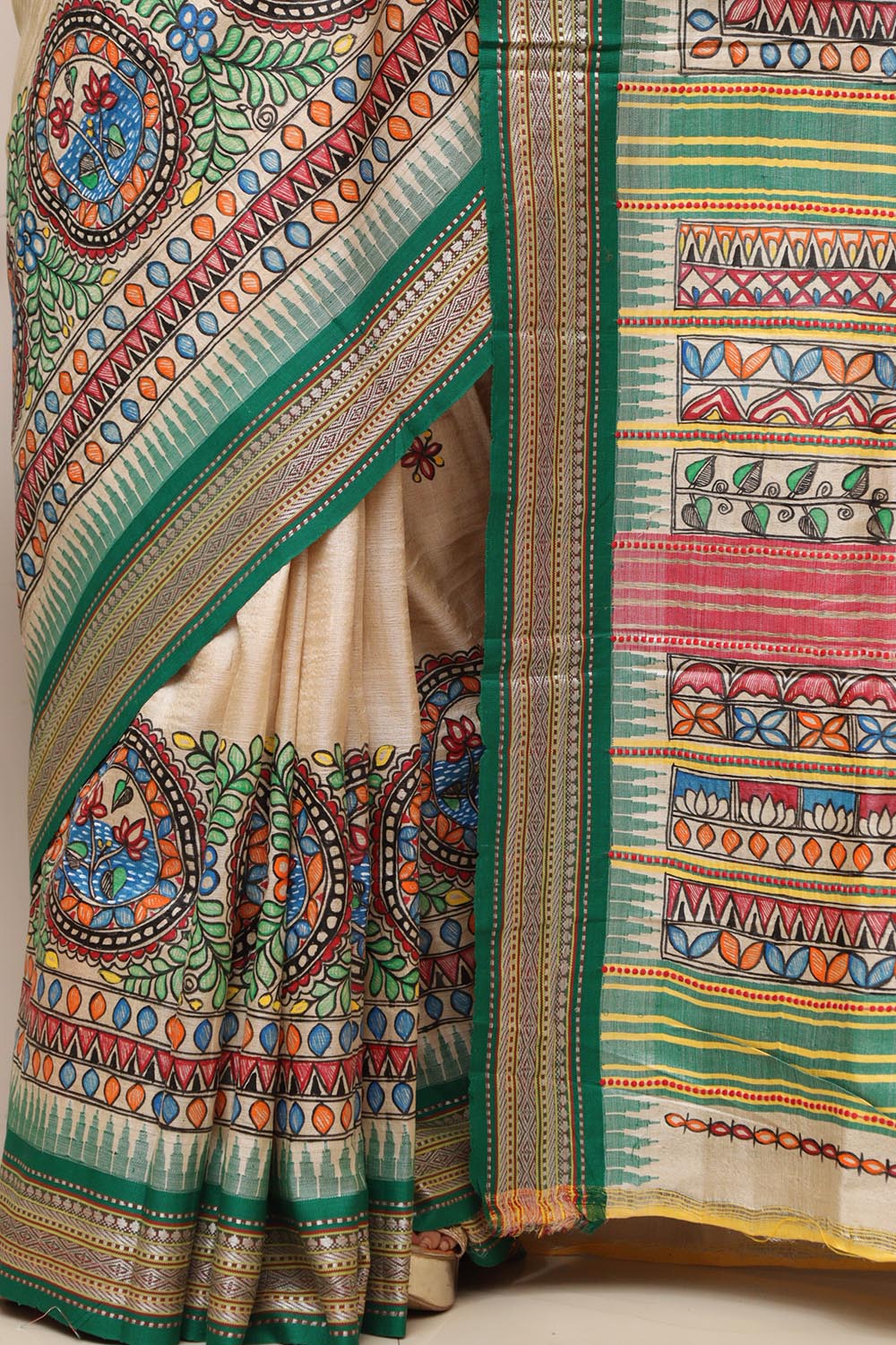 Pastel Hand Painted Madhubani Pure Tussar Silk Vidharbha Saree - Luxurion World