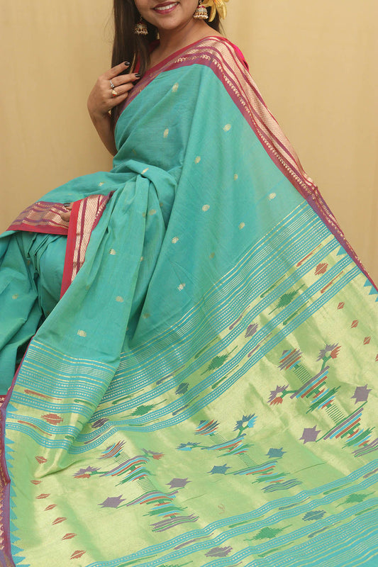 Blue Paithani Handloom Pure Cotton Saree - Luxurion World