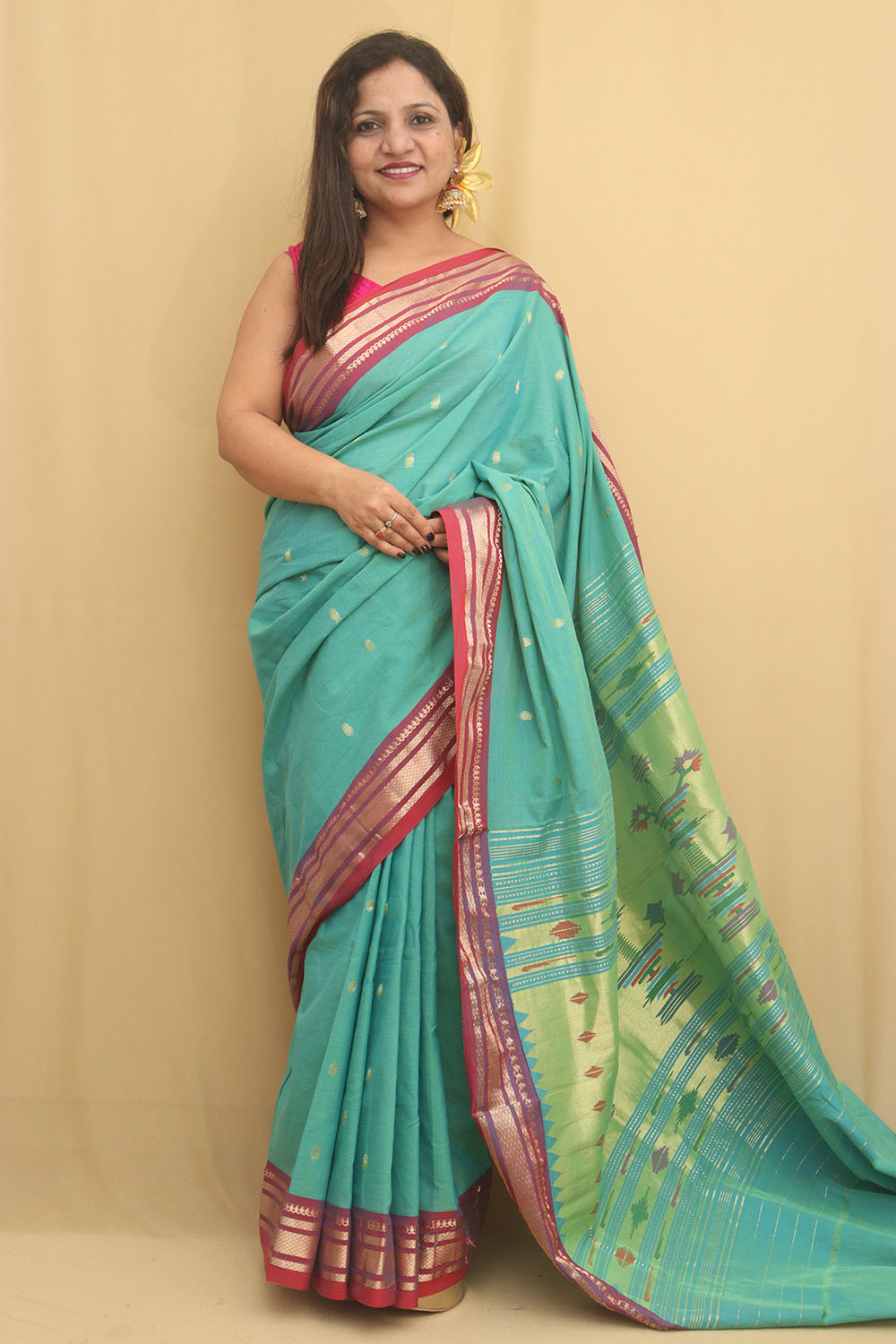 Blue Paithani Handloom Pure Cotton Saree - Luxurion World