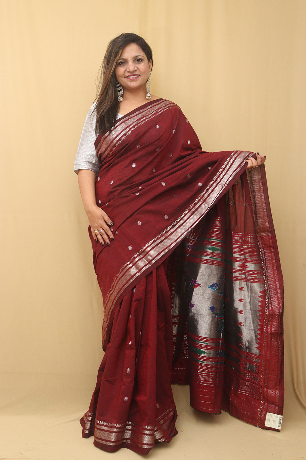Maroon Paithani Handloom Pure Cotton Saree - Luxurion World
