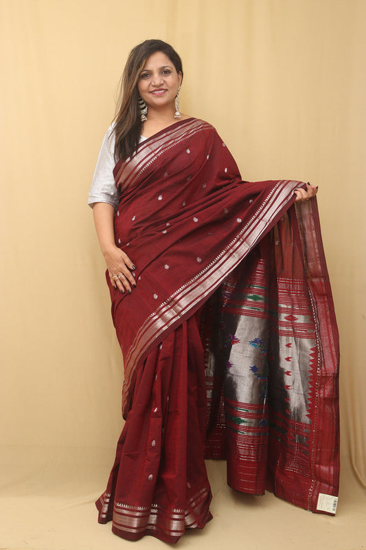 Maroon Paithani Handloom Pure Cotton Saree - Luxurion World
