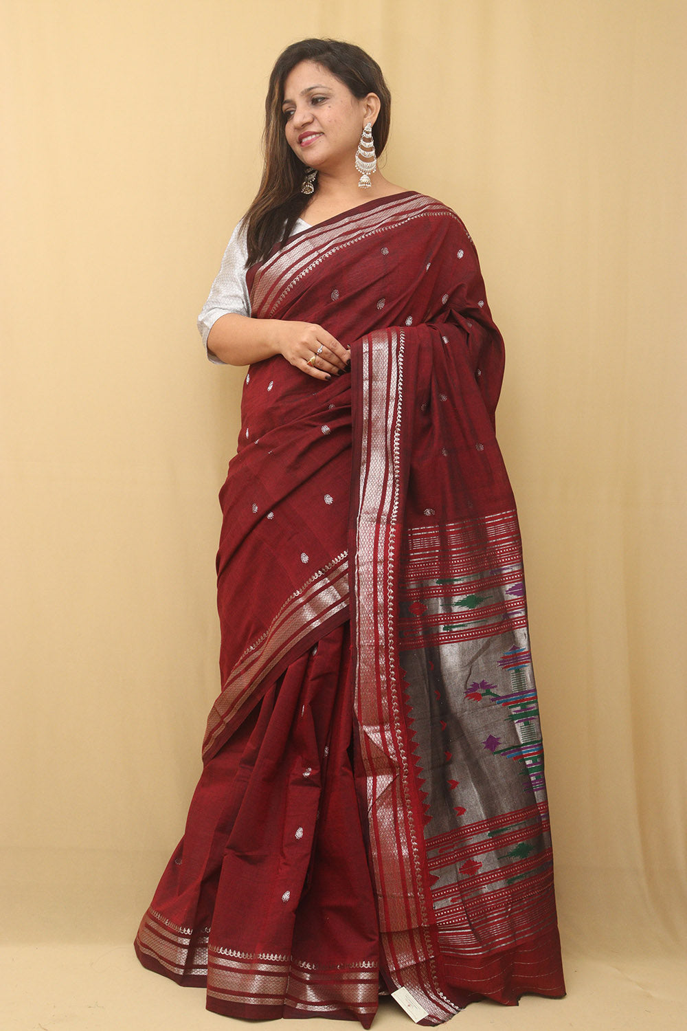 Maroon Paithani Handloom Pure Cotton Saree - Luxurion World