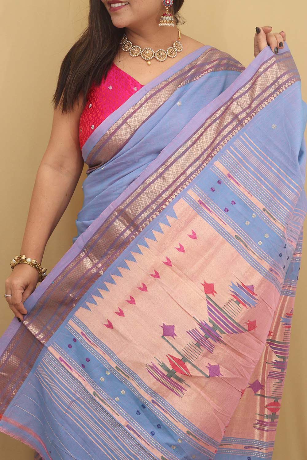 Blue Paithani Handloom Pure Cotton Saree - Luxurion World