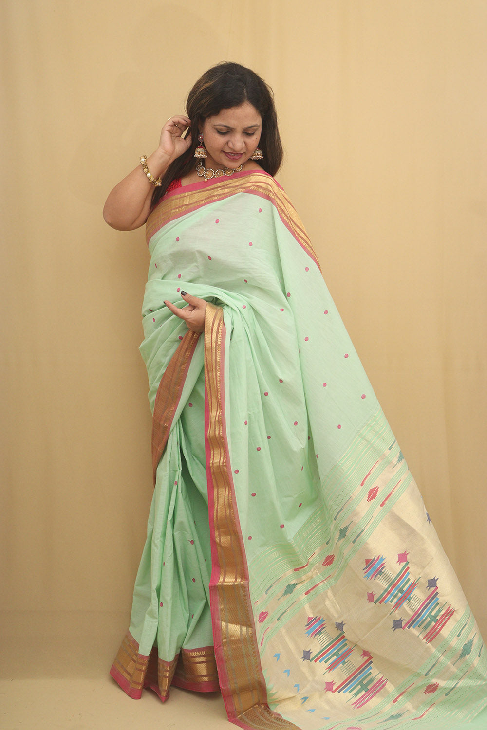 Pista Green Paithani Handloom Pure Cotton Saree - Luxurion World