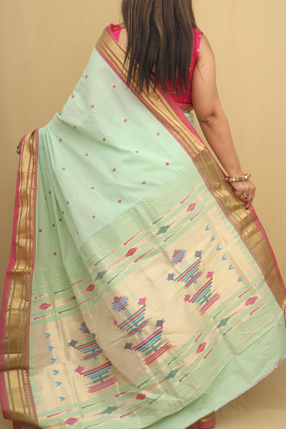 Pista Green Paithani Handloom Pure Cotton Saree - Luxurion World