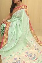 Pista Green Paithani Handloom Pure Cotton Saree - Luxurion World