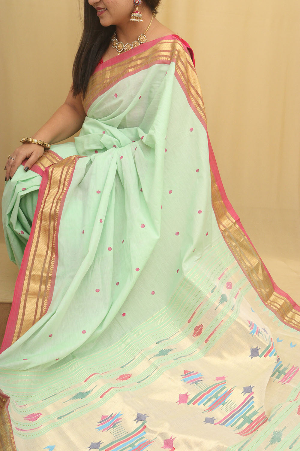Pista Green Paithani Handloom Pure Cotton Saree - Luxurion World