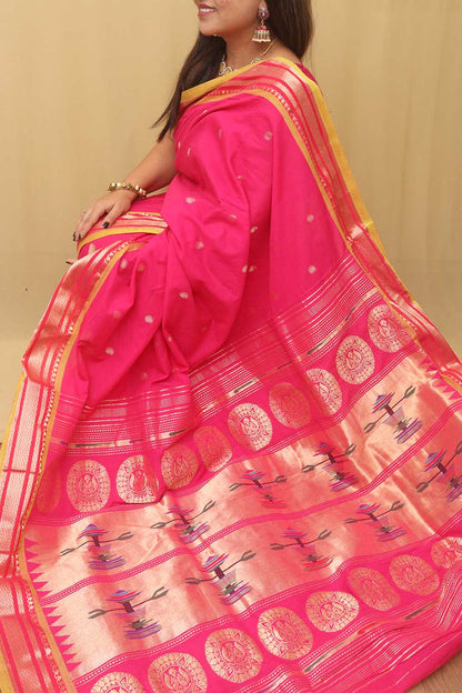 Pink Paithani Handloom Pure Cotton Saree - Luxurion World