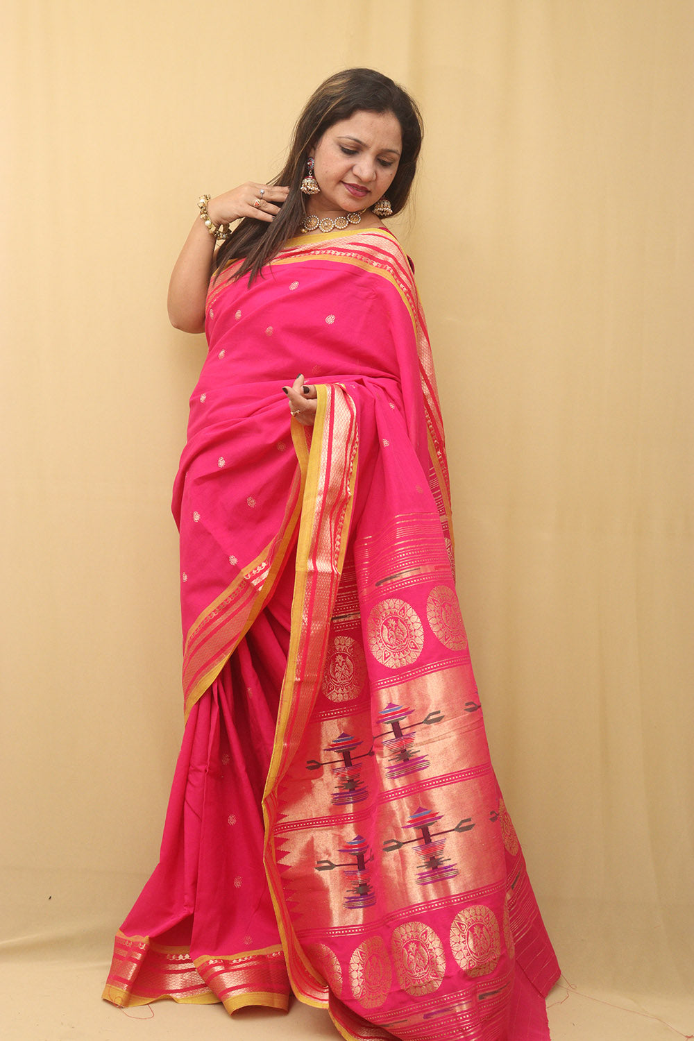 Pink Paithani Handloom Pure Cotton Saree - Luxurion World