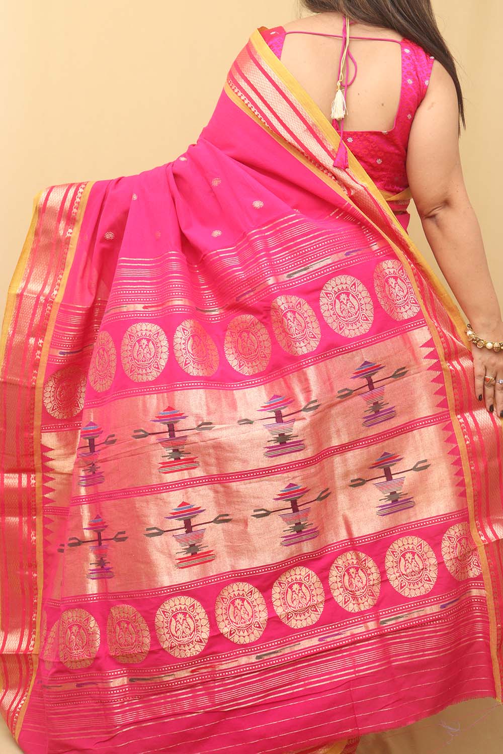 Pink Paithani Handloom Pure Cotton Saree - Luxurion World