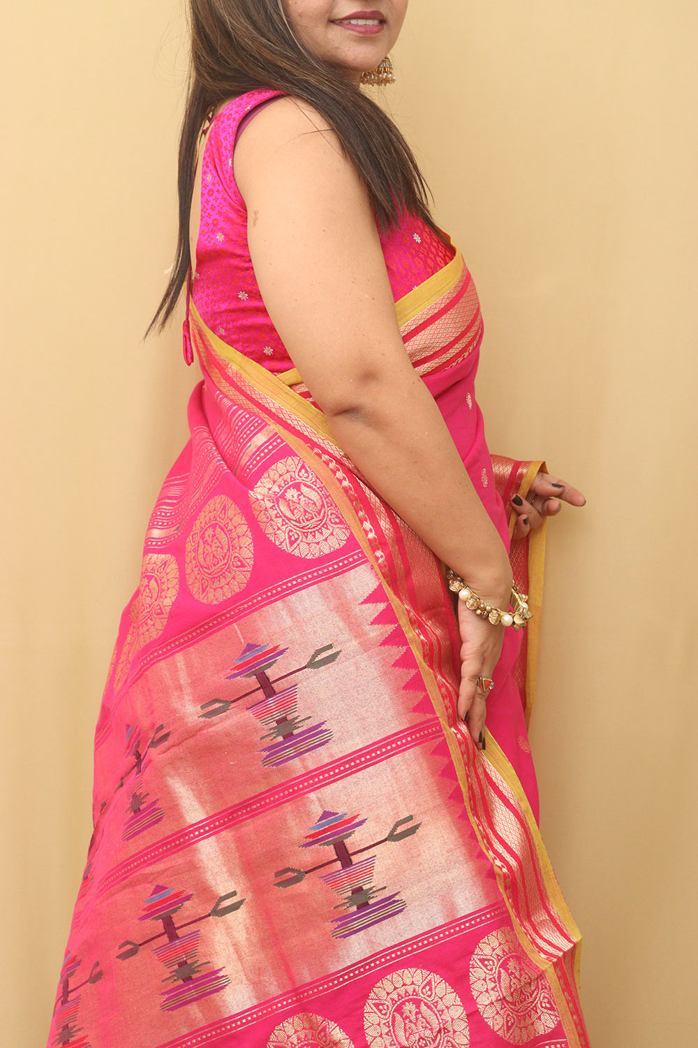 Pink Paithani Handloom Pure Cotton Saree - Luxurion World