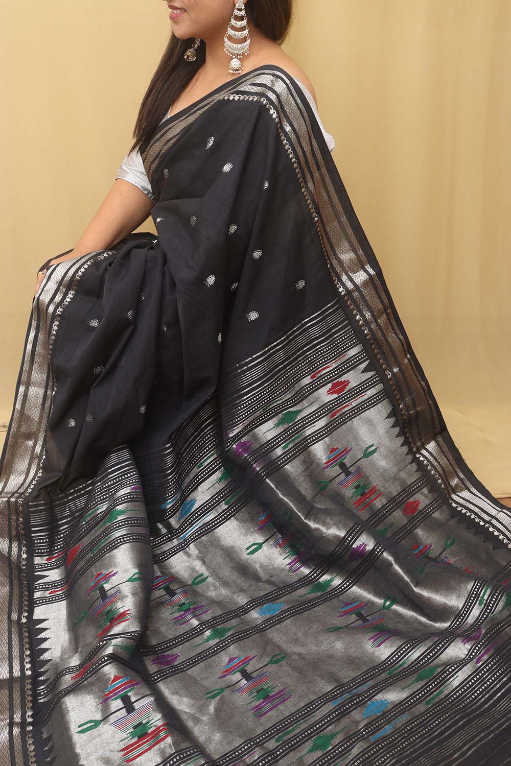 Black Paithani Handloom Pure Cotton Saree - Luxurion World