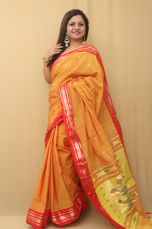Yellow Paithani Handloom Pure Cotton Saree - Luxurion World