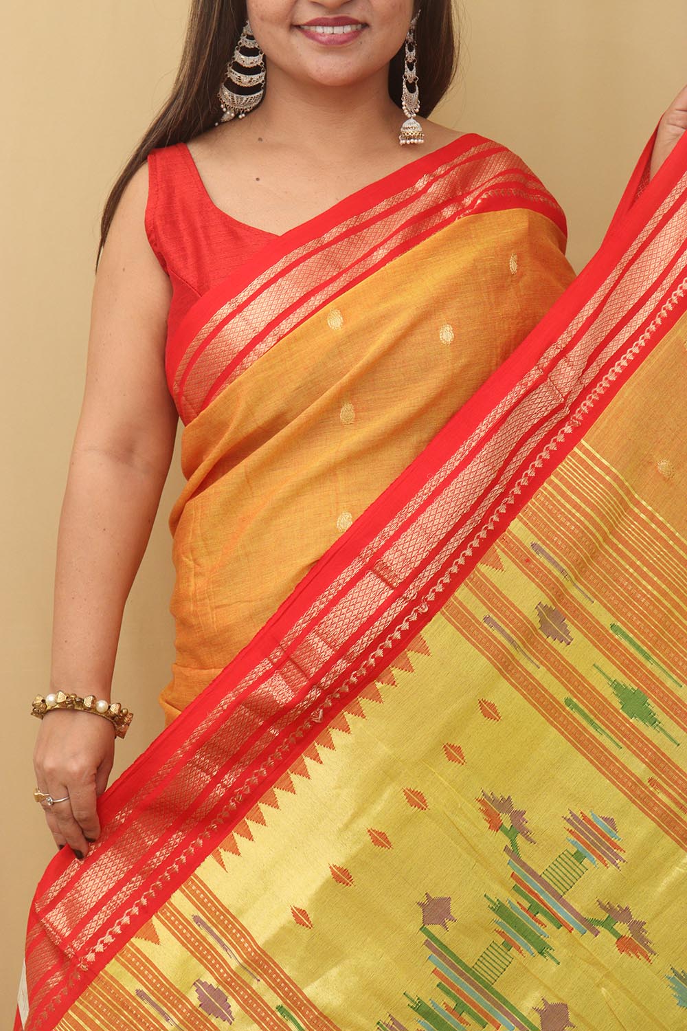 Yellow Paithani Handloom Pure Cotton Saree - Luxurion World