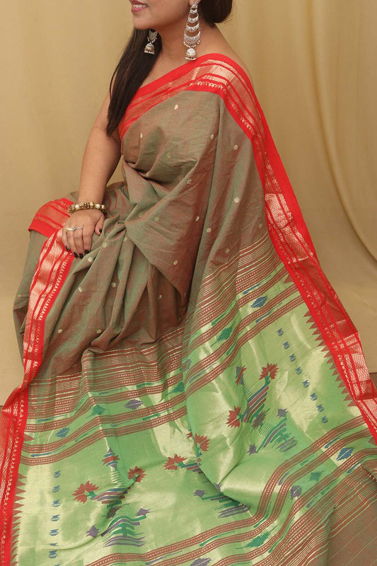 Green Paithani Handloom Pure Cotton Saree - Luxurion World
