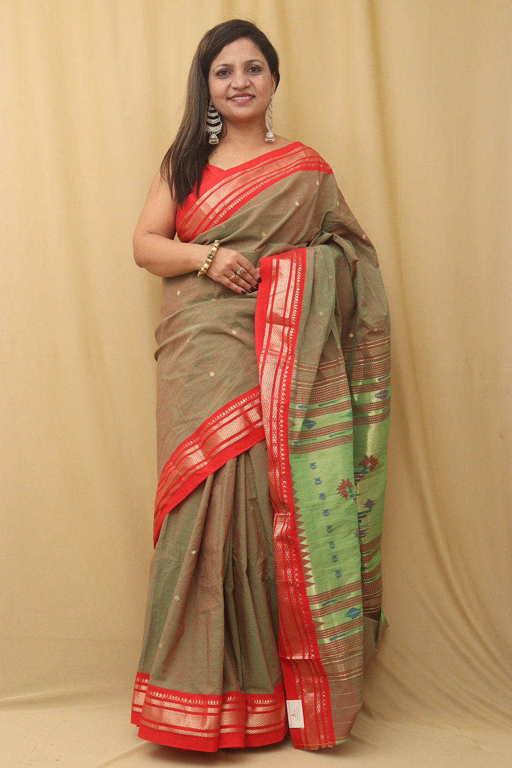 Green Paithani Handloom Pure Cotton Saree - Luxurion World