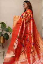 Exquisite Golden Handloom Paithani Pure Silk Muniya Border Parrot And Flower Design Saree - Luxurion World
