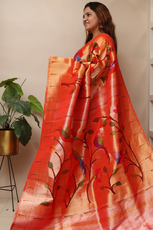 Exquisite Golden Handloom Paithani Pure Silk Muniya Border Parrot And Flower Design Saree - Luxurion World