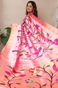 Pink Handloom Paithani Pure Silk Muniya Border Parrot And Flower Design Saree - Luxurion World