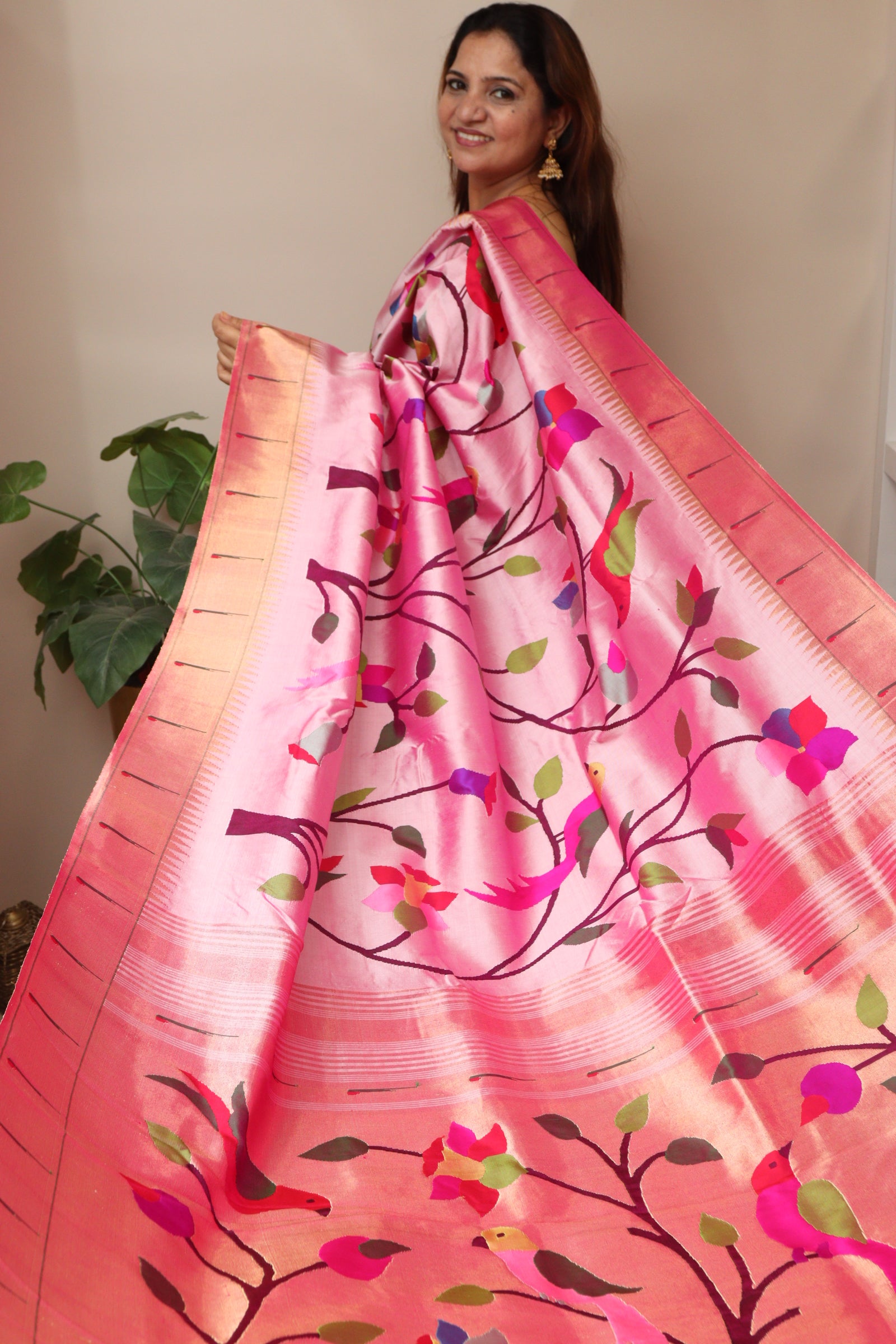 Pink Handloom Paithani Pure Silk Muniya Border Parrot And Flower Design Saree - Luxurion World