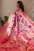Pink Handloom Paithani Pure Silk Muniya Border Parrot And Flower Design Saree - Luxurion World