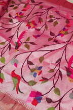 Pink Handloom Paithani Pure Silk Muniya Border Parrot And Flower Design Saree - Luxurion World