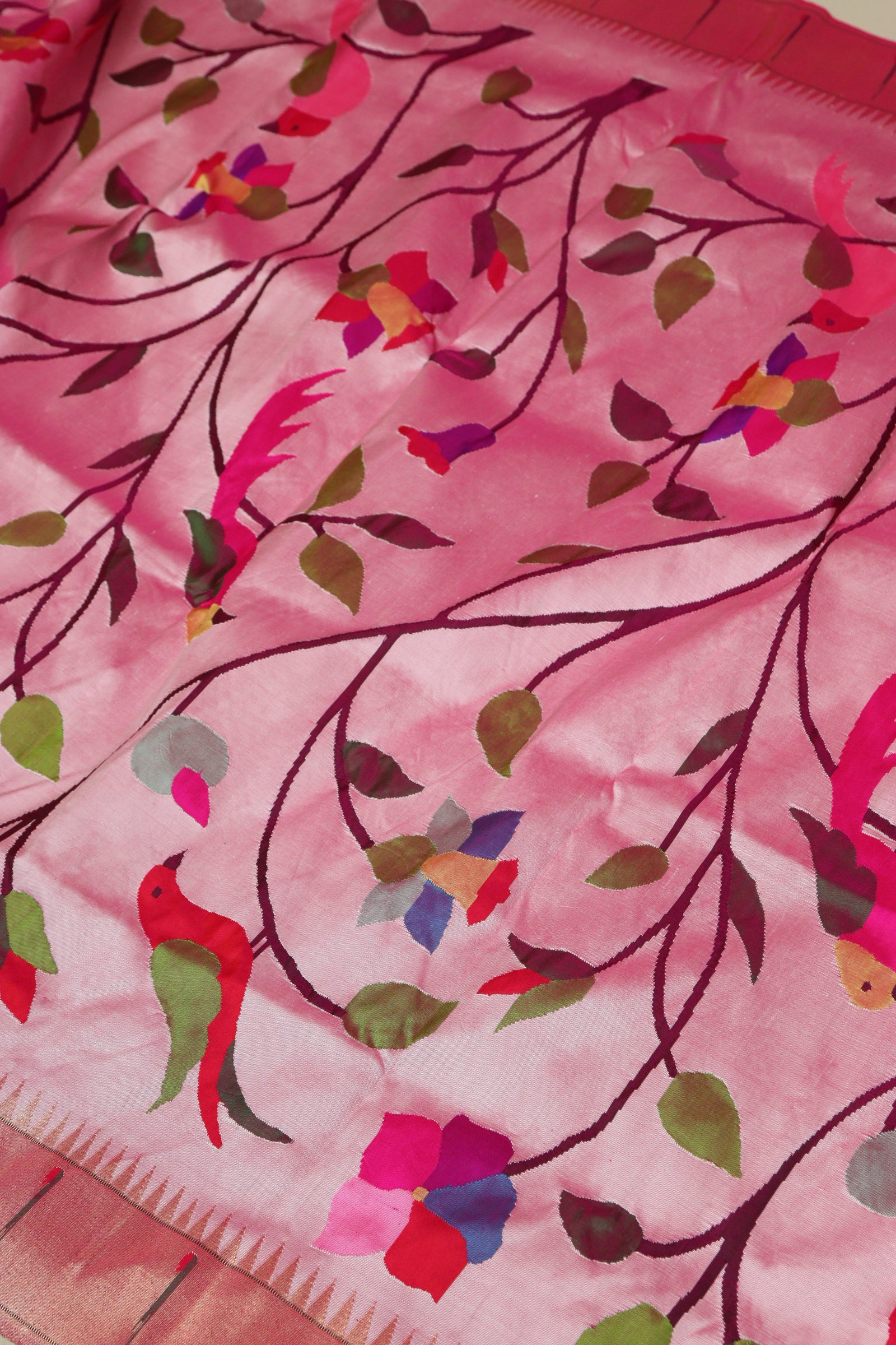 Pink Handloom Paithani Pure Silk Muniya Border Parrot And Flower Design Saree - Luxurion World