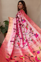 Pink Handloom Paithani Pure Silk Muniya Border Parrot And Flower Design Saree - Luxurion World
