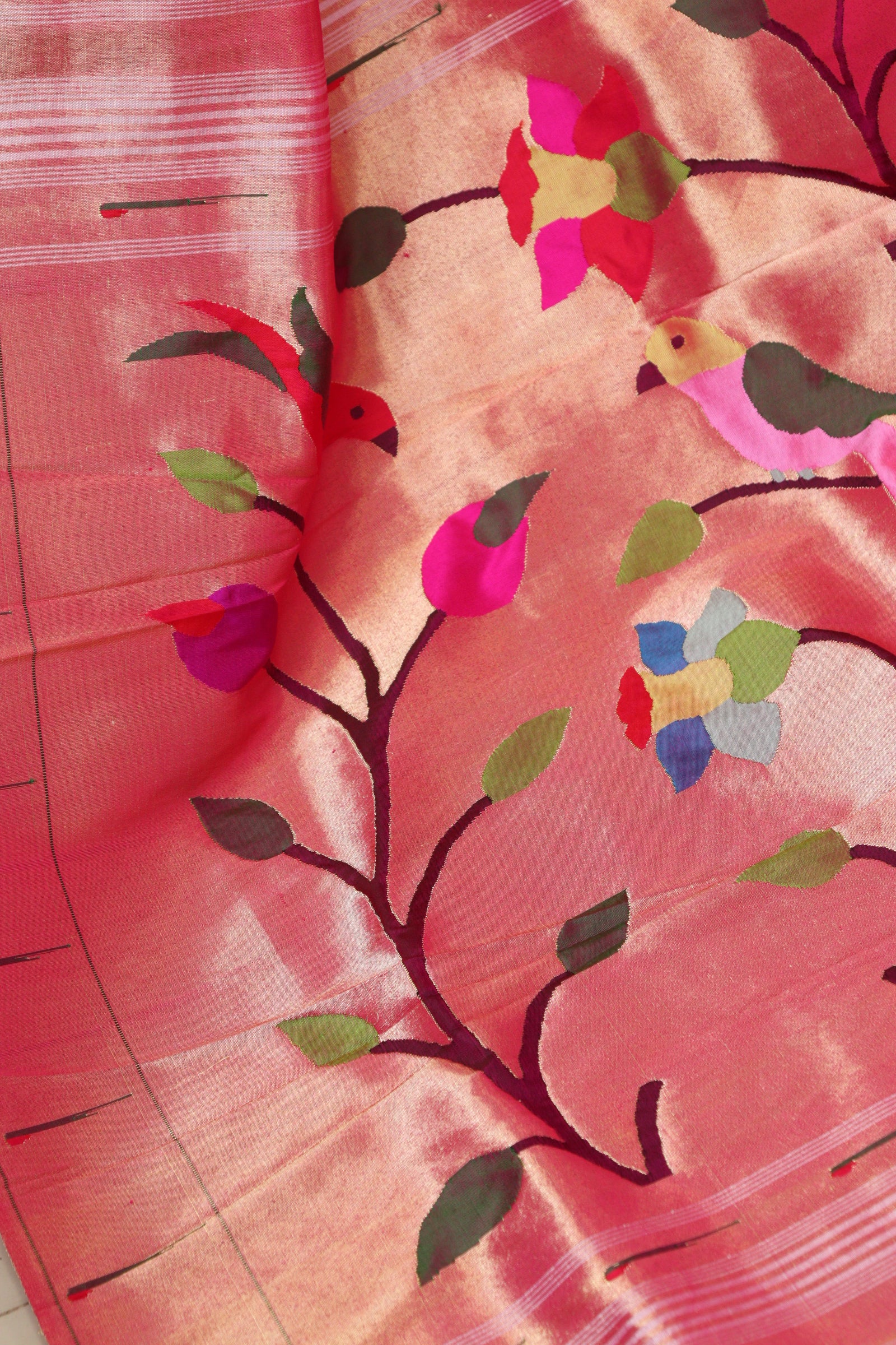 Pink Handloom Paithani Pure Silk Muniya Border Parrot And Flower Design Saree - Luxurion World