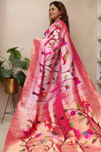 Pink Handloom Paithani Pure Silk Muniya Border Parrot And Flower Design Saree - Luxurion World