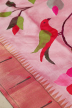 Pink Handloom Paithani Pure Silk Muniya Border Parrot And Flower Design Saree - Luxurion World