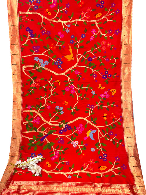 Red Paithani Pure Silk Saree Muniya Border Brocade Bridal Wedding