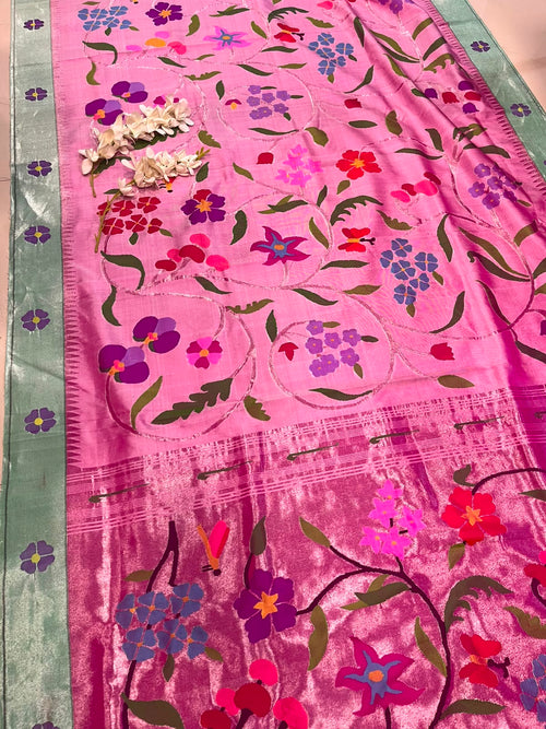 Pink Paithani Pure Silk Saree Muniya Border Brocade Bridal Wedding