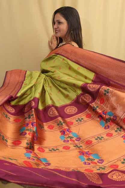 Stunning Green Paithani Silk Saree With Maharani Pallu - Luxurion World