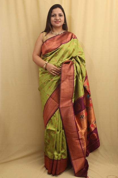 Stunning Green Paithani Silk Saree With Maharani Pallu - Luxurion World