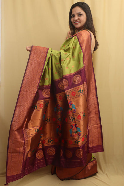 Stunning Green Paithani Silk Saree With Maharani Pallu - Luxurion World