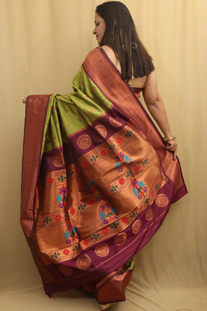 Stunning Green Paithani Silk Saree With Maharani Pallu - Luxurion World