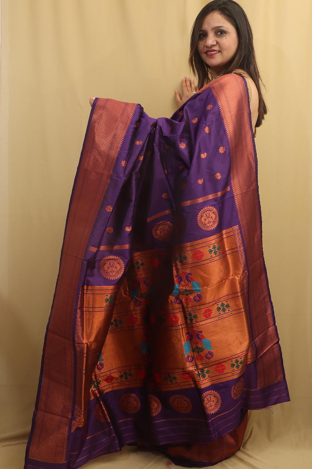 Elegant Purple Paithani Silk Saree With Maharani Pallu - Luxurion World
