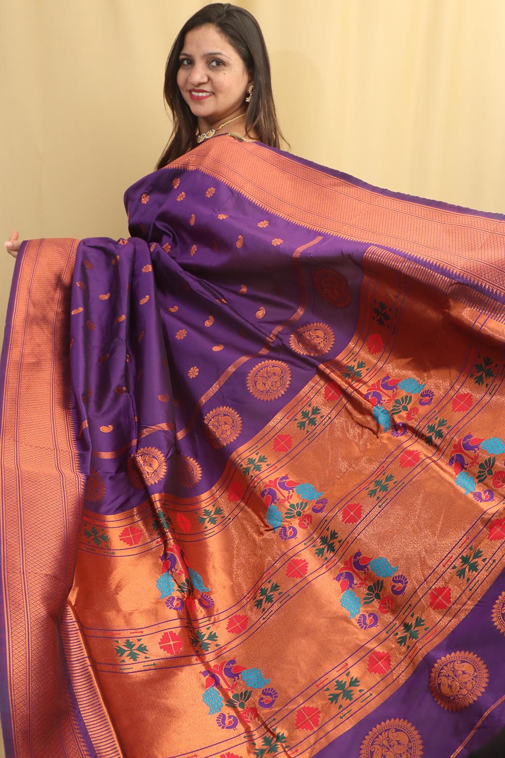 Elegant Purple Paithani Silk Saree With Maharani Pallu - Luxurion World