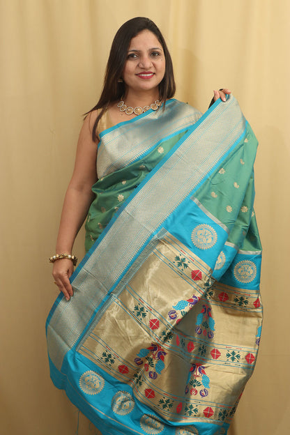Stunning Green & Blue Paithani Silk Saree With Maharani Pallu - Luxurion World